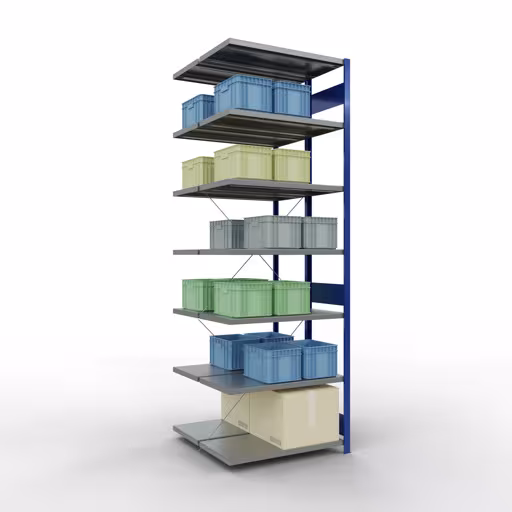 Image du produit n° 13 de l'article Système d'étagères enfichables MULTIplus250, 3000 x 1000 x (2x500) mm, 2x7 tablettes, traverse, RAL 7035 gris clair/bleu gentiane Image du produit n° 13 de l'article Système enfichable MULTIplus250, 3000 x 1000 x (2x500) mm, 2x7 étagères, RAL 7035 gris clair/bleu gentiane de la gamme d'étagères de Schulte Lagertechnik