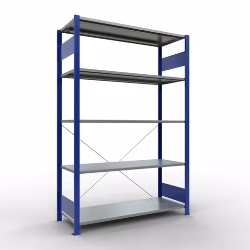 Un'altra vista dell'articolo scaffale base, scaffale, sistema a innesto MULTIplus150, 2000 x 1300 x 500 mm (AxLxP), 5 ripiani, traversa, RAL 5010 blu genziana/zincato dalla categoria Sistema a innesto