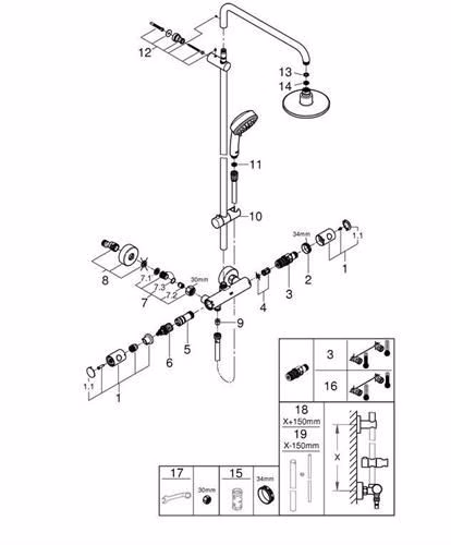 Technische Zeichnung 4037516 GROHE Système de douche Tempesta C 160 27922 avec thermostat 390 mm Bras de douche chromé
