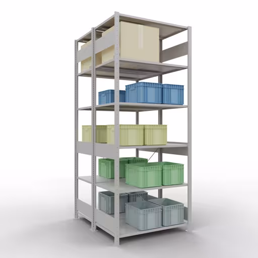 Étagère de base, étagère double, système d'étagères MULTIplus150, 2500 x 1000 x (2x600) mm (HxLxP), 2x6 étagères, traverse, RAL 7035 gris clair avec le GTIN 4004514208378 Étagère de base, étagère double, système d'étagère enfichable MULTIplus150, 2500 x 1000 x (2x600) mm, 2x6 étagères, traverse, RAL 7035 gris clair de Schulte Lagertechnik avec le numéro d'article. 32761