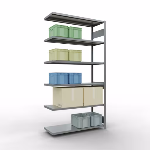 Produktbild Nr 13 des Artikels Anbauregal, Fachbodenregal Stecksystem MULTIplus250, 2500 x 1300 x 500 mm (HxBxT), 6 Fachböden, Längenriegel, verzinkt Abbildung Nr 13 des Artikels Anbauregal, Fachbodenregal Stecksystem MULTIplus250, 2500 x 1300 x 500 mm (HxBxT), 6 Fachböden, Längenriegel, verzinkt aus der Produktgruppe Stecksystem von der Marke Schulte Lagertechnik