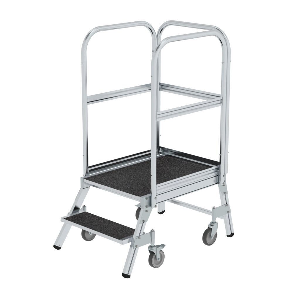 Escalier à plateforme Munk, praticable, avec rouleaux à ressorts, revêtement en corindon R13, 2 marches de Günzburger Steigtechnik Escalier à plateforme Munk, de plain-pied, praticable, avec rouleaux à ressort, revêtement en corindon R13, de la catégorie « Escaliers à plateforme », référence 054102