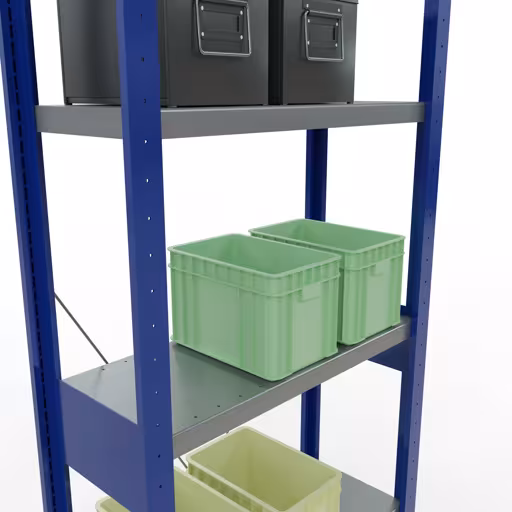Figura n. 14 dell'articolo scaffale base, scaffale, sistema a innesto MULTIplus250, 2500 x 750 x 300 mm (AxLxP), 6 ripiani, traversa, RAL 5010 blu genziana/zincato/zincato del gruppo di prodotti sistema a innesto della marca Schulte Lagertechnik