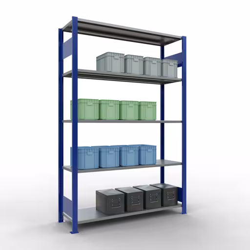 Scaffale base, scaffale, sistema a innesto MULTIplus150, 2000 x 1300 x 400 mm (AxLxP), 5 ripiani, barre longitudinali, RAL 5010 blu genziana/zincato della marca Schulte Lagertechnik della gamma sistemi a innesto