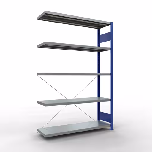 Rayonnage supplémentaire, rayonnage à étagères, système enfichable MULTIplus250, 2000 x 1300 x 400 mm (HxLxP), 5 étagères, traverse, RAL 5010 bleu gentiane/galvanisé, étagère supplémentaire, réf. 12945-130-B