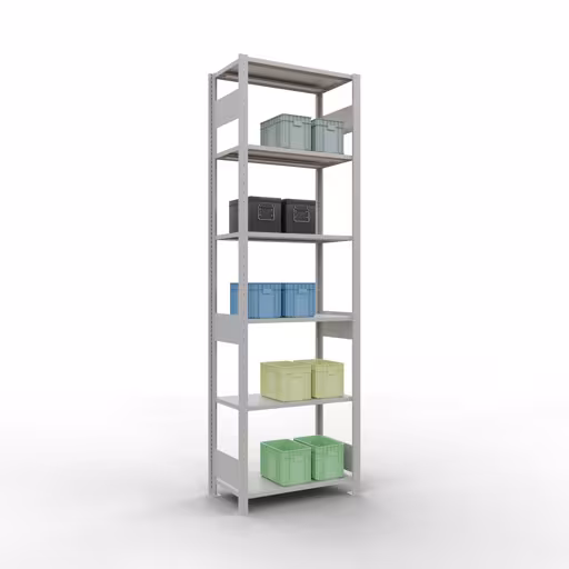 Étagère de base, étagère à étagères, système enfichable MULTIplus150, 2500 x 750 x 400 mm (HxLxP), 6 étagères, barre de longueur, RAL 7035 gris clair avec le numéro d'article : 32641-75-LR Étagère de base, étagère, système enfichable MULTIplus150, 2500 x 750 x 400 mm, 6 étagères, RAL 7035 gris clair de Schulte Lagertechnik de la catégorie système enfichable