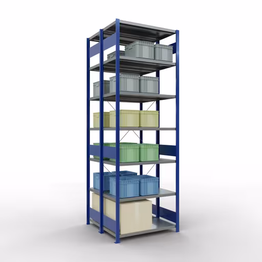 Étagère de base, étagère double, système d'étagères MULTIplus250, 3000 x 1000 x (2x500) mm, 2x7 étagères, traverse, bleu gentiane de la catégorie étagères doubles avec le GTIN 4058255035526 Étagère de base, étagère double, système d'étagères MULTIplus250, 3000 x 1000 x (2x500) mm, 2x7 étagères, bleu gentiane de Schulte Lagertechnik de la gamme d'étagères