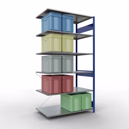 Rayonnage supplémentaire, étagère, système enfichable MULTIplus150, 2500 x 1300 x 800 mm (HxLxP), 6 étagères, traverse, RAL 5010 bleu gentiane/galvanisé avec le GTIN 4004514281555 Rayonnage supplémentaire, rayonnage à étagères, système enfichable MULTIplus150, 2500 x 1300 x 800 mm, 6 étagères, RAL 5010 bleu gentiane/galvanisé de Schulte Lagertechnik avec le réf. 12786-130-B