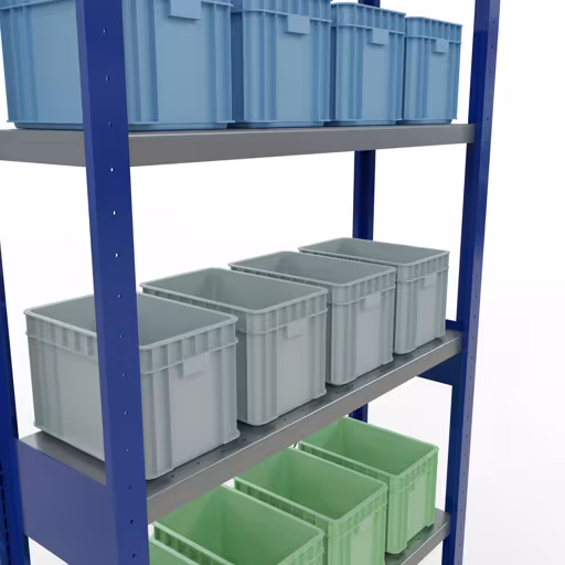 Image du produit n° 15 de l'article étagère de base, étagère, système enfichable MULTIplus330, 2500 x 1000 x 300 mm (HxLxP), 6 étagères, traverse, RAL 5010 bleu gentiane/galvanisé Figure n° 15 de l'article étagère de base, système d'étagères enfichables MULTIplus330, 2500 x 1000 x 300 mm, 6 étagères, RAL 5010 bleu gentiane/galvanisé du groupe de produits système enfichable de la marque Schulte Lagertechnik