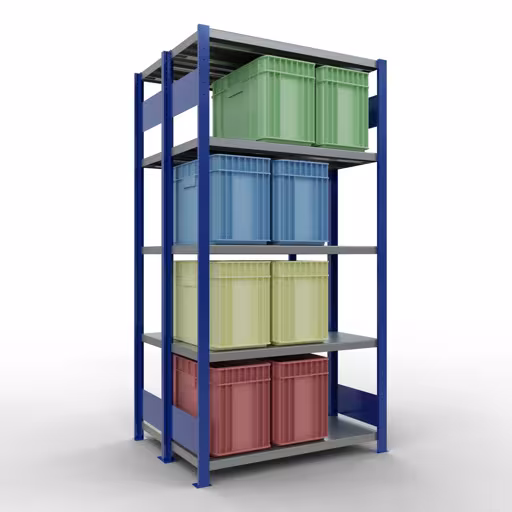 Une autre vue de l'article Etagère de base, étagère double, étagère système enfichable MULTIplus250, 2000 x 1000 x (2x400) mm, 2x5 étagères, barres de longueur, RAL 5010 bleu gentiane Une autre vue de l'article Etagère de base, étagère double, système d'étagère enfichable MULTIplus250, 2000 x 1000 x (2x400) mm, 2x5 étagères, RAL 5010 bleu gentiane de la catégorie étagères