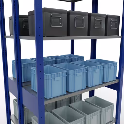 Immagine del prodotto n. 15 dell'articolo scaffale base, scaffale doppio, sistema a innesto per scaffale MULTIplus150, 2500 x 1000 x (2x400) mm, 2x6 ripiani, RAL 5010 blu genziana dalla gamma di prodotti scaffale della marca Schulte Lagertechnik