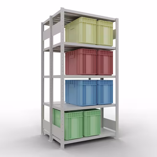 Étagère de base, étagère double, étagère à étagères, système enfichable MULTIplus250, 2000 x 1000 x (2x400) mm, 2x5 étagères, barres de longueur, RAL 7035 gris clair avec le numéro d'article : 33240 Étagère de base, étagère double, système d'étagères MULTIplus250, 2000 x 1000 x (2x400) mm, 2x5 étagères, gris clair RAL 7035 de Schulte Lagertechnik de la catégorie étagères
