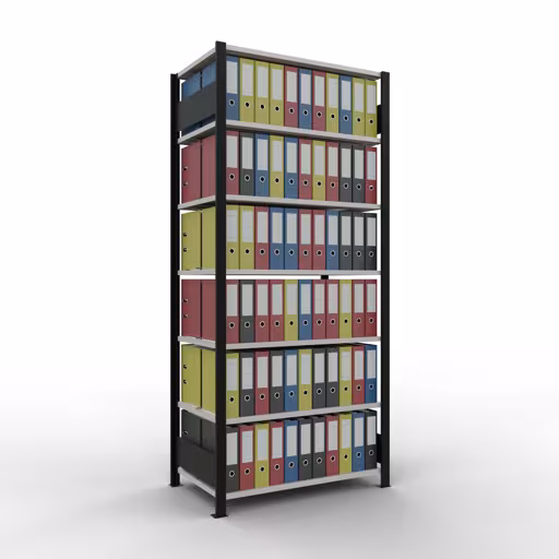 Produktbild Nr 13 des Artikels Grundregal, Büro-Fachbodenregal Stecksystem MULTIplus150, 2300 x 1000 x 600 mm (HxBxT), 7 Fachböden, Längenriegel, mit Mittelanschlag, schwarz/lichtgrau Abbildung Nr 13 des Artikels Grundregal, Büro-Fachbodenregal Stecksystem MULTIplus150, 2300 x 1000 x 600 mm (HxBxT), 7 Fachböden, Längenriegel, mit Mittelanschlag, schwarz/lichtgrau aus der Produktgruppe Büroregale von der Marke Schulte Lagertechnik