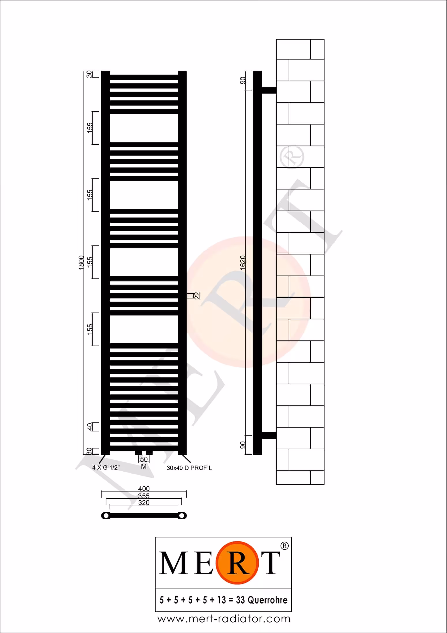 Gruppo di prodotti Radiatore da bagno MERT bianco dritto, attacco centrale Radiatore da bagno MERT bianco dritto, 400*1800 mm, attacco centrale della marca MERT nella categoria radiatori