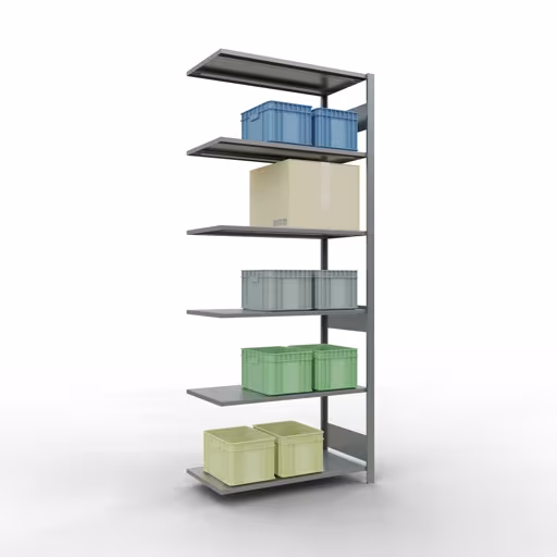 Anbauregal, Fachbodenregal Stecksystem MULTIplus150, 2500 x 1000 x 500 mm (HxBxT), 6 Fachböden, Längenriegel, verzinkt mit der GTIN 4004514280725 Anbauregal, Fachbodenregal Stecksystem MULTIplus150, 2500 x 1000 x 500 mm (HxBxT), 6 Fachböden, Längenriegel, verzinkt von Schulte Lagertechnik mit der Artikelnr. 12756-LR