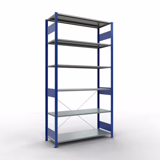 Scaffale base, scaffale, sistema a innesto MULTIplus150, 2500 x 1300 x 500 mm (AxLxP), 6 ripiani, traversa, RAL 5010 blu genziana/zincato della marca Schulte Lagertechnik della gamma sistemi a innesto