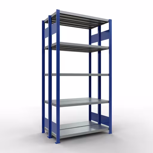 Scaffale base, scaffale doppio, sistema di scaffali MULTIplus250, 2000 x 1000 x (2x300) mm (AxLxP), 2x5 ripiani, barre longitudinali, RAL 5010 blu genziana, ripiani doppi, articolo n. 33230-B
