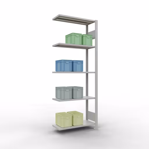 Rayonnage complémentaire, rayonnage, système enfichable MULTIplus150, 2000 x 750 x 300 mm (HxLxP), 5 tablettes, barres de longueur, RAL 7035 gris clair avec le numéro d'article 130001. 32635-75-LR Rayonnage supplémentaire, étagère, système enfichable MULTIplus150, 2000 x 750 x 300 mm, 5 étagères, gris clair RAL 7035 de Schulte Lagertechnik de la catégorie des systèmes enfichables