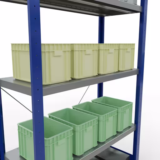Figura n. 7 dell'articolo scaffale base, scaffale, sistema a innesto MULTIplus330, 2000 x 1000 x 400 mm (AxLxP), 5 ripiani, traversa, RAL 5010 blu genziana/zincato del gruppo di prodotti sistema a innesto della marca Schulte Lagertechnik