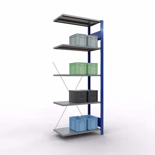 Une autre vue de l'article Étagère supplémentaire, étagère, système enfichable MULTIplus150, 2000 x 750 x 400 mm, 5 étagères, traverse, RAL 5010 bleu gentiane/galvanisé/galvanisé Une autre vue de l'article, étagère système enfichable pour étagères MULTIplus150, 2000 x 750 x 400 mm, 5 étagères, RAL 5010 bleu gentiane/galvanisé/galvanisé de la catégorie système enfichable