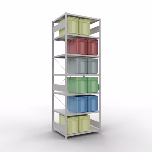 Un'altra vista dell'articolo scaffale base, scaffale, sistema a innesto MULTIplus250, 3000 x 1000 x 800 mm (AxLxP), 7 ripiani, traversa, RAL 7035 grigio chiaro dalla categoria Sistema a innesto