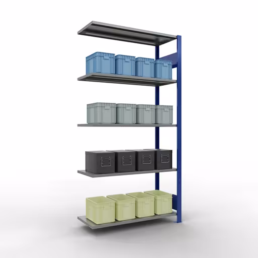 Scaffali aggiuntivi, scaffali, sistema a innesto MULTIplus150, 2000 x 1000 x 400 mm (AxLxP), 5 ripiani, barre longitudinali, RAL 5010 blu genziana/zincato di Schulte Lagertechnik con l'articolo n. 12745-LR-B