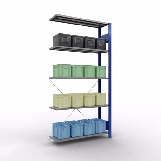 Produktbild Nr 15 des Artikels Anbauregal, Fachbodenregal Stecksystem MULTIplus85, 2000 x 1000 x 300 mm (HxBxT), 5 Fachböden, Kreuzstrebe, RAL 5010 enzianblau Abbildung Nr 15 des Artikels Anbauregal, Fachbodenregal Stecksystem MULTIplus85, 2000 x 1000 x 300 mm (HxBxT), 5 Fachböden, Kreuzstrebe, RAL 5010 enzianblau aus der Produktgruppe Stecksystem von der Marke Schulte Lagertechnik