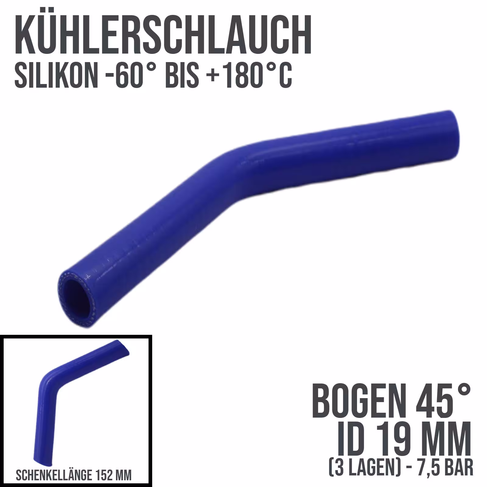 Durite de radiateur 19 x 27 mm Coude en silicone 45° LLK Durite de liquide de refroidissement d'air de suralimentation bleu (7,5 bar) - 152 mm de la catégorie Tuyaux de liquide de refroidissement avec le numéro d'article KSB019-045-152GA