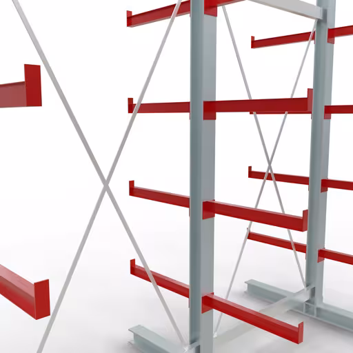 Un'altra vista dell'articolo Scaffale completo K 3000, bifacciale, 2500 x 2600 x 600 mm, RAL 7001 / RAL 3000, 5 livelli di stoccaggio della categoria scaffalature cantilever