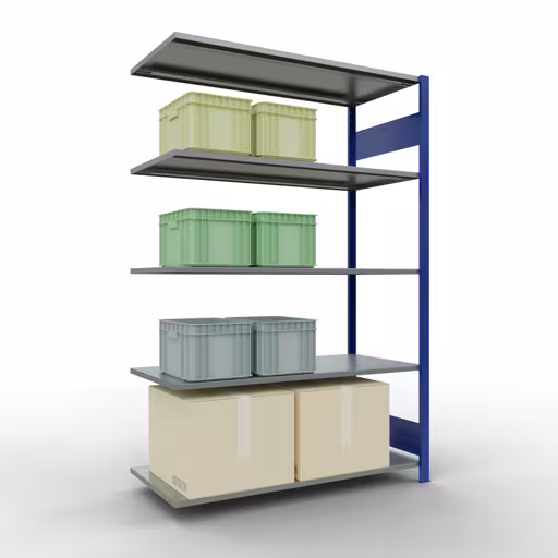 Scaffale aggiuntivo, scaffale MULTIplus150 sistema a innesto, 2000 x 1300 x 600 mm (AxLxP), 5 ripiani, barre longitudinali, RAL 5010 blu genziana/zincato con GTIN 4004514281043 Scaffali aggiuntivi, scaffali, sistema a innesto MULTIplus150, 2000 x 1300 x 600 mm (AxLxP), 5 ripiani, barre longitudinali, RAL 5010 blu genziana/zincato di Schulte Lagertechnik con l'articolo n. 12765-130-LR-B