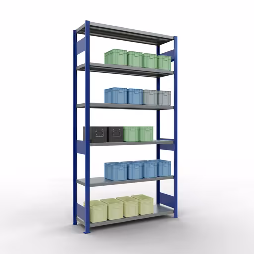 Produktbild Nr 15 des Artikels Grundregal, Fachbodenregal Stecksystem MULTIplus250, 2500 x 1300 x 400 mm (HxBxT), 6 Fachböden, Längenriegel, RAL 5010 enzianblau/verzinkt Abbildung Nr 15 des Artikels Grundregal, Fachbodenregal Stecksystem MULTIplus250, 2500 x 1300 x 400 mm (HxBxT), 6 Fachböden, Längenriegel, RAL 5010 enzianblau/verzinkt aus der Produktgruppe Stecksystem von der Marke Schulte Lagertechnik