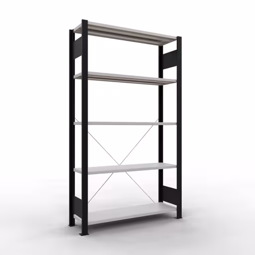 Étagère de base, étagère de bureau, système enfichable MULTIplus85, 1800 x 1000 x 300 mm (HxLxP), 5 tablettes, traverse, sans barre d'arrêt, noir/gris clair, système enfichable, réf. 36019-S