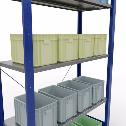 Immagine del prodotto n. 13 dell'articolo scaffale base, scaffale, sistema a innesto MULTIplus85, 2000 x 1000 x 400 mm (AxLxP), 5 ripiani, traversa, RAL 5010 blu genziana Figura n. 13 dell'articolo scaffale base, scaffale, sistema a innesto MULTIplus85, 2000 x 1000 x 400 mm (AxLxP), 5 ripiani, traversa, RAL 5010 blu genziana del gruppo di prodotti sistema a innesto della marca Schulte Lagertechnik