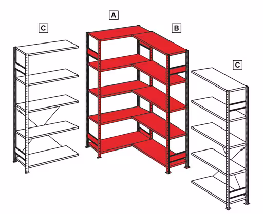Un'altra vista dell'articolo scaffale angolare (campi A + B) 3000 x 1000 x 300, ripiani 2x7, lunghezza barre, zincato della categoria ripiani angolari