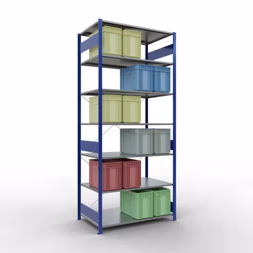 Une autre vue de l'article Etagère Basic, étagère système enfichable MULTIplus150, 3000 x 1300 x 800 mm, 7 étagères, RAL 5010 bleu gentiane/galvanisé de la catégorie système enfichable