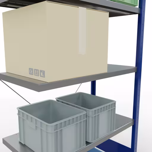Un'altra vista dell'articolo Scaffale aggiuntivo, ripiano per scaffali, sistema a innesto MULTIplus250, 2000 x 1000 x 500 mm (AxLxP), 5 ripiani, traversa, RAL 5010 blu genziana/zincato dalla categoria Sistema a innesto
