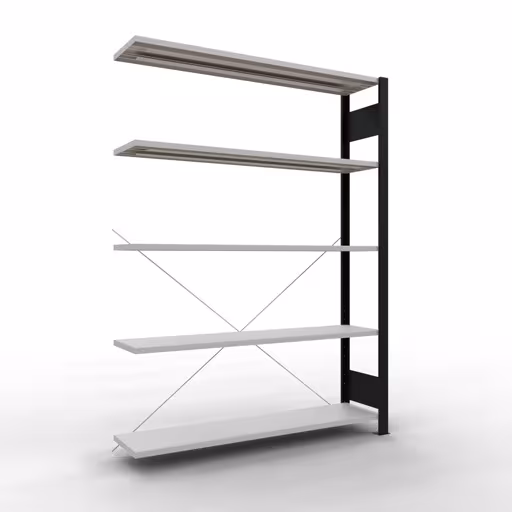 Scaffale aggiuntivo, scaffale per ufficio, sistema a innesto MULTIplus85, 1800 x 1300 x 300 mm (AxLxP), 5 ripiani, traversa, senza barra di arresto, nero/grigio chiaro, sistema a innesto, articolo n. 36023-S