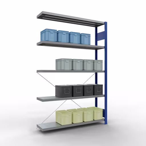 Immagine del prodotto n. 14 dell'articolo Scaffale aggiuntivo, scaffale, sistema a innesto MULTIplus250, 2000 x 1300 x 300 mm (AxLxP), 5 ripiani, traversa, RAL 5010 blu genziana/zincato Figura n. 14 dell'articolo scaffale aggiuntivo, scaffale, sistema a innesto MULTIplus250, 2000 x 1300 x 300 mm (AxLxP), 5 ripiani, traversa, RAL 5010 blu genziana/zincato del gruppo di prodotti sistema a innesto della marca Schulte Lagertechnik