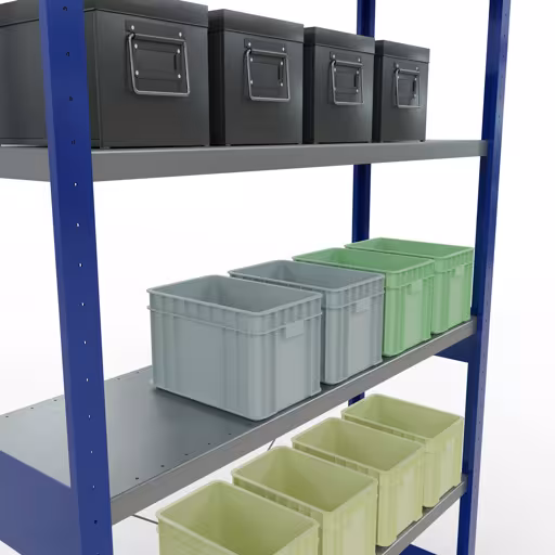 Image du produit n° 13 de l'article étagère de base, étagère, système enfichable MULTIplus250, 2500 x 1300 x 400 mm, 6 étagères, traverse, RAL 5010 bleu gentiane/galvanisé Figure n° 13 de l'article étagère de base, étagère, système enfichable MULTIplus250, 2500 x 1300 x 400 mm, 6 étagères, RAL 5010 bleu gentiane/galvanisé du groupe de produits système enfichable de Schulte Lagertechnik