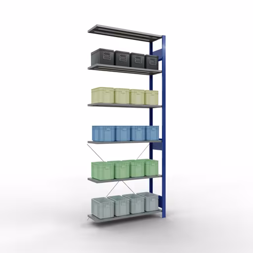 Scaffali aggiuntivi, scaffali, sistema a innesto MULTIplus85, 2500 x 1000 x 300 mm (AxLxP), 6 ripiani, traversa, RAL 5010 blu genziana di Schulte Lagertechnik con l'articolo n. 13136-B