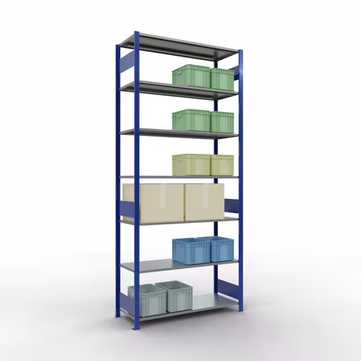 Un'altra vista dell'articolo scaffale base, scaffale scaffale, sistema a innesto MULTIplus150, 3000 x 1300 x 500 mm (AxLxP), 7 ripiani, barre longitudinali, RAL 5010 blu genziana/zincato della categoria scaffale base