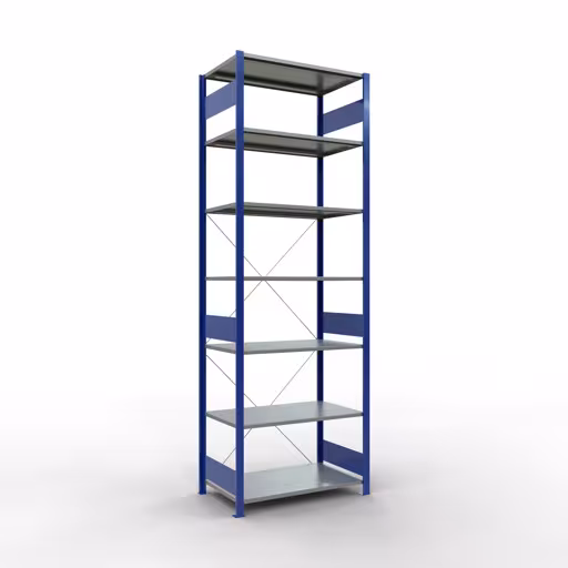 Étagère de base, étagère, système enfichable MULTIplus85, 3000 x 1000 x 600 mm (HxLxP), 7 étagères, traverse, RAL 5010 bleu gentiane de Schulte Lagertechnik Étagère de base, étagère, système enfichable MULTIplus85, 3000 x 1000 x 600 mm (HxLxP), 7 étagères, traverse, RAL 5010 bleu gentiane, étagère de base, réf. 13162-B