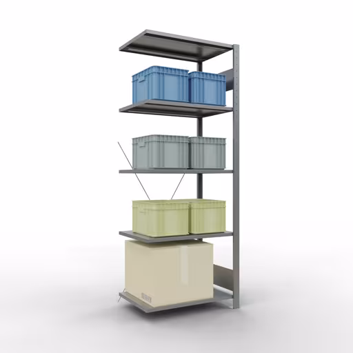 Rayonnage supplémentaire, rayonnage, système enfichable MULTIplus150, 2000 x 750 x 500 mm, 5 tablettes, traverse, galvanisé avec GTIN 4004514204943 , Système d'étagères enfichables MULTIplus150, 2000 x 750 x 500 mm, 5 étagères, galvanisé de Schulte Lagertechnik avec le numéro d'article. 12755-75