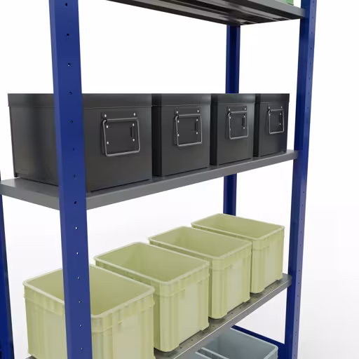 Scaffale base, scaffale, sistema a innesto MULTIplus150, 2000 x 1000 x 300 mm (AxLxP), 5 ripiani, barre longitudinali, RAL 5010 blu genziana/zincato di Schulte Lagertechnik della categoria Sistema a innesto