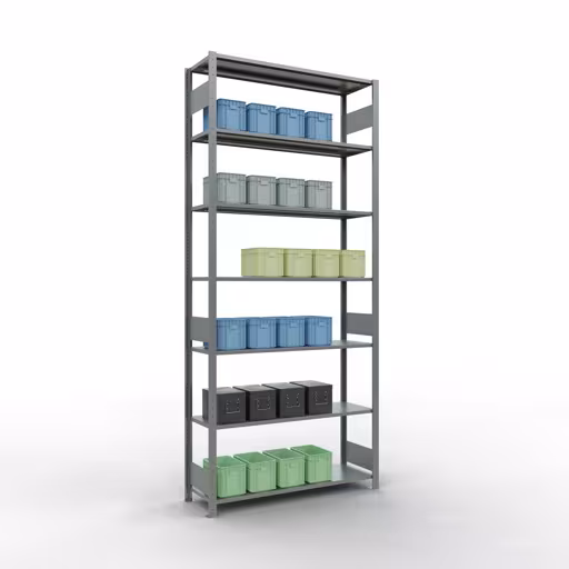 Étagère de base, étagère, système enfichable MULTIplus150, 3000 x 1300 x 400 mm, 7 étagères, barres de longueur, galvanisées de la catégorie d'étagères de base avec le GTIN 4004514280039 Étagère de base, étagère, système enfichable MULTIplus150, 3000 x 1300 x 400 mm, 7 étagères, galvanisée de Schulte Lagertechnik de la gamme de produits du système enfichable