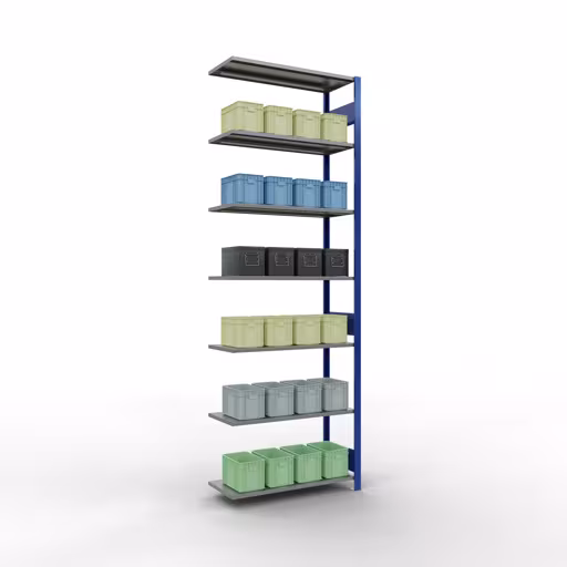 Scaffali componibili, scaffali, sistema a innesto MULTIplus150, 3000 x 1000 x 400 mm (AxLxP), 7 ripiani, barre longitudinali, RAL 5010 blu genziana/zincato della marca Schulte Lagertechnik della gamma sistemi a innesto