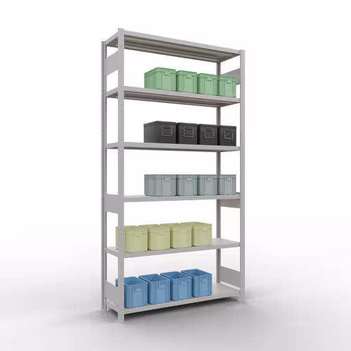 Image du produit n° 13 de l'article étagère de base, étagère, système enfichable MULTIplus250, 2500 x 1300 x 400 mm, 6 étagères, barres de longueur, RAL 7035 gris clair Figure n° 13 de l'article étagère de base, système d'étagères enfichables MULTIplus250, 2500 x 1300 x 400 mm, 6 étagères, gris clair RAL 7035 du groupe de produits système enfichable de Schulte Lagertechnik