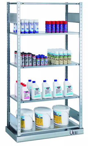 Étagère de base, petite étagère pour conteneurs MULTIplus150, 2000 x 1000 x 500 mm, galvanisée, avec bac collecteur (volume : 36 litres) et 5 étagères de Schulte Lagertechnik avec la réf. 14944