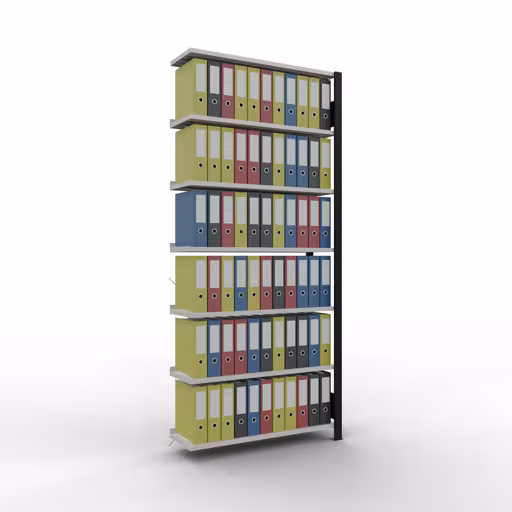 Scaffale sopraelevato, scaffale per ufficio, sistema a innesto MULTIplus85, 2300 x 1000 x 300 mm (AxLxP), 7 ripiani, traversa, con listello di arresto, nero/grigio chiaro della marca Schulte Lagertechnik dal programma scaffali per ufficio
