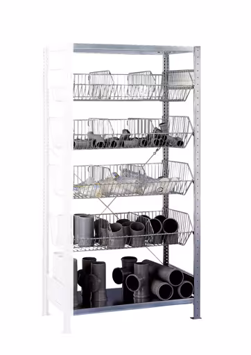 Ripiano aggiuntivo, ripiano con cestello in rete metallica MULTIplus150, 2000 x 1000 x 500 mm (AxLxP), zincato, 2 ripiani, 4 cestelli in rete metallica, contenitore per minuteria, articolo n. 13673